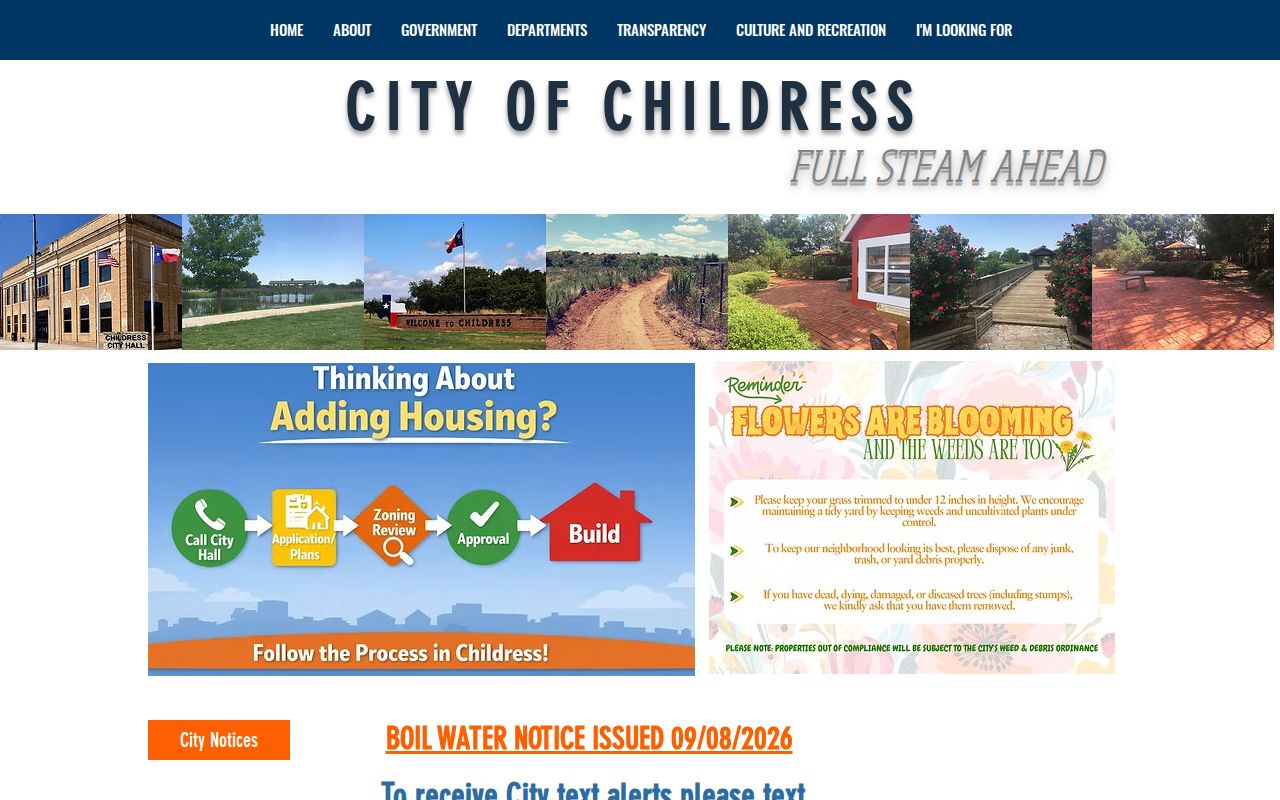 City of Childress homepage with City Hall contact information