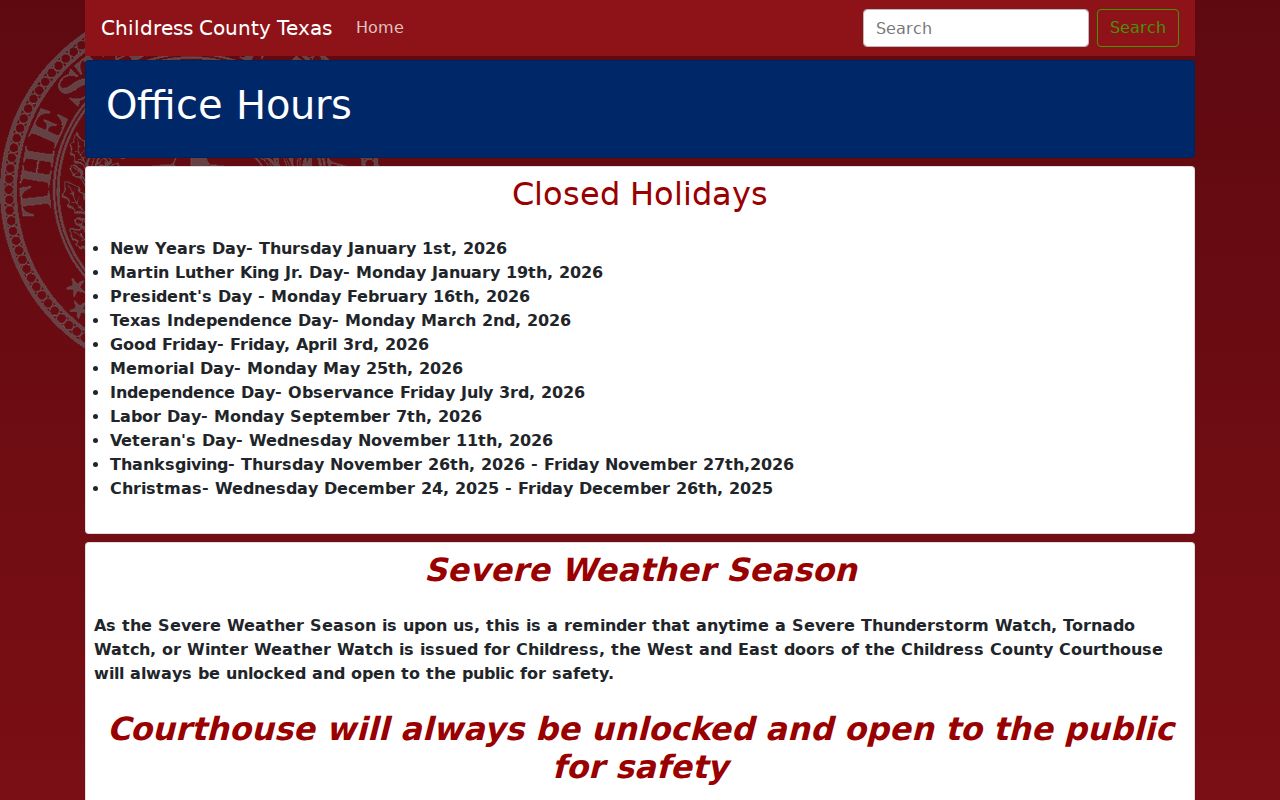 Childress County office-hour schedule with different service windows