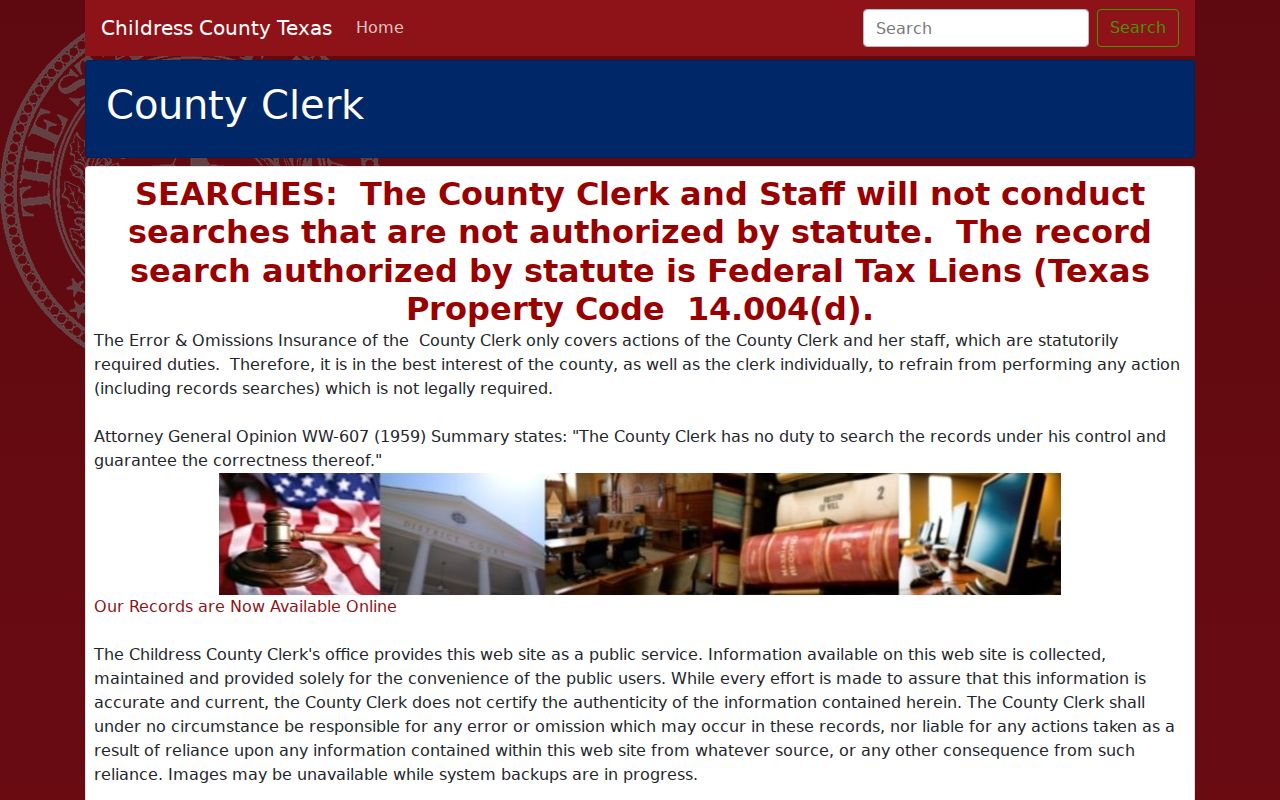 Childress County Clerk page with online index disclaimer