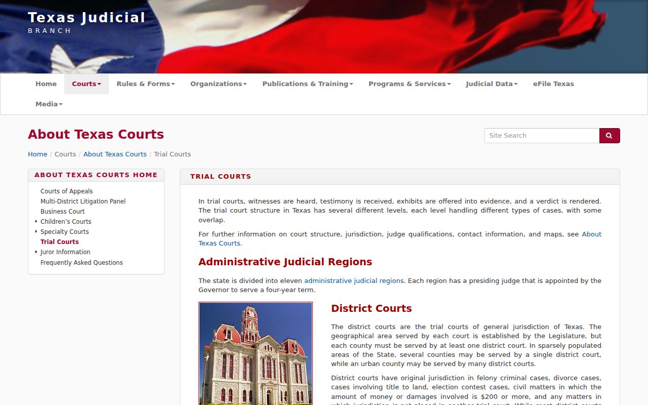 Texas Judiciary overview of district, county, justice, and municipal court roles