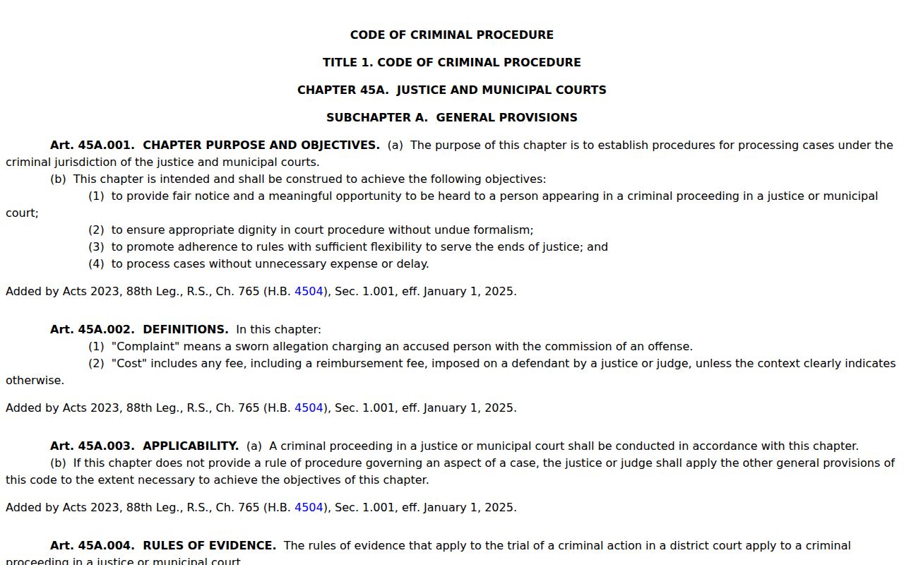 Texas Code of Criminal Procedure Chapter 45A justice and municipal court provisions