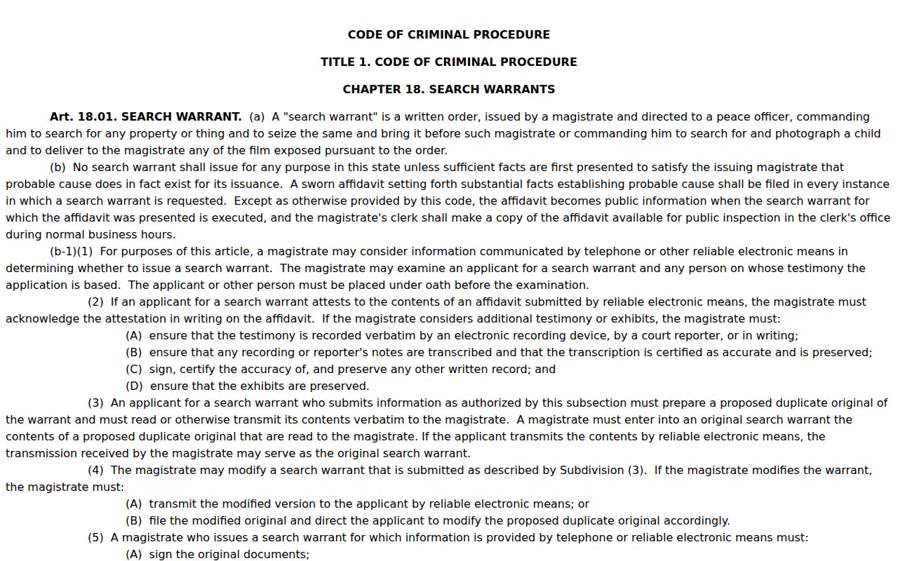 Texas Chapter 18 search-warrant affidavit and public-access provisions