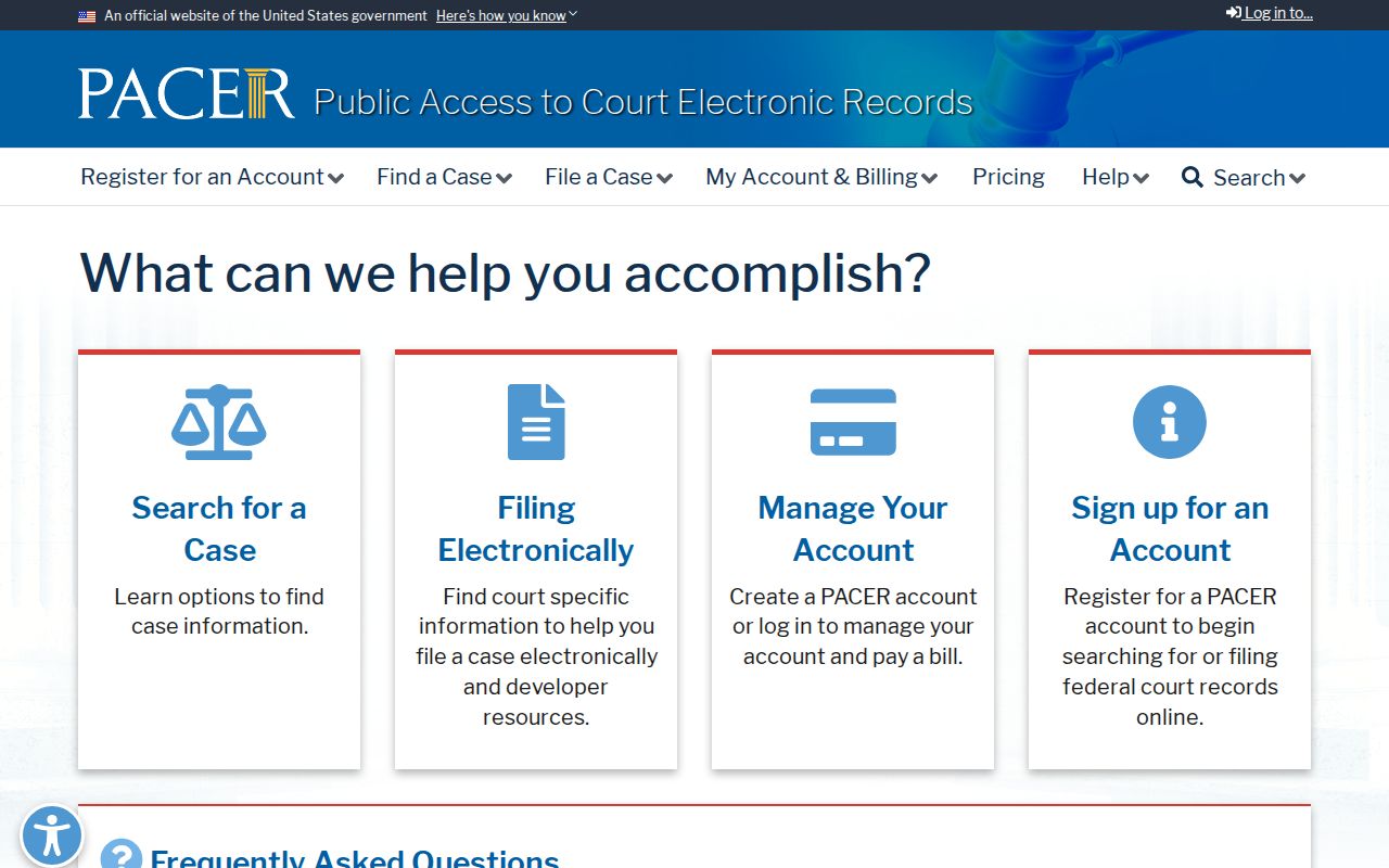 PACER official federal court docket search portal