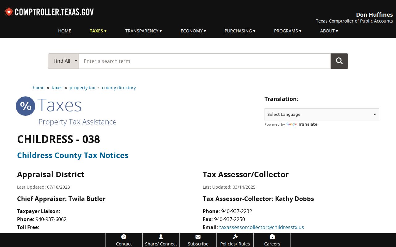 Texas Comptroller Childress County taxing-unit page used to confirm the City of Childress scope
