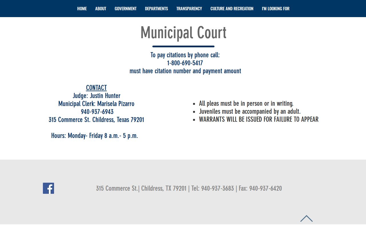 City of Childress Municipal Court page with citation payment and failure-to-appear notice